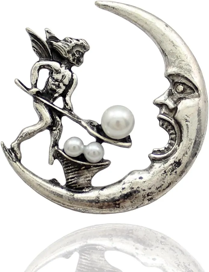 Q&Q Fashion Antique Tribal Angel Fairy Feeding Moon Cresent Simulated - Pearl Baroque Lapel Brooch Pin