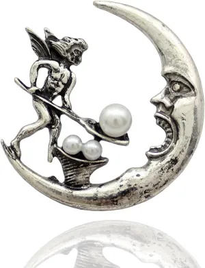 Q&Q Fashion Antique Tribal Angel Fairy Feeding Moon Cresent Simulated - Pearl Baroque Lapel Brooch Pin