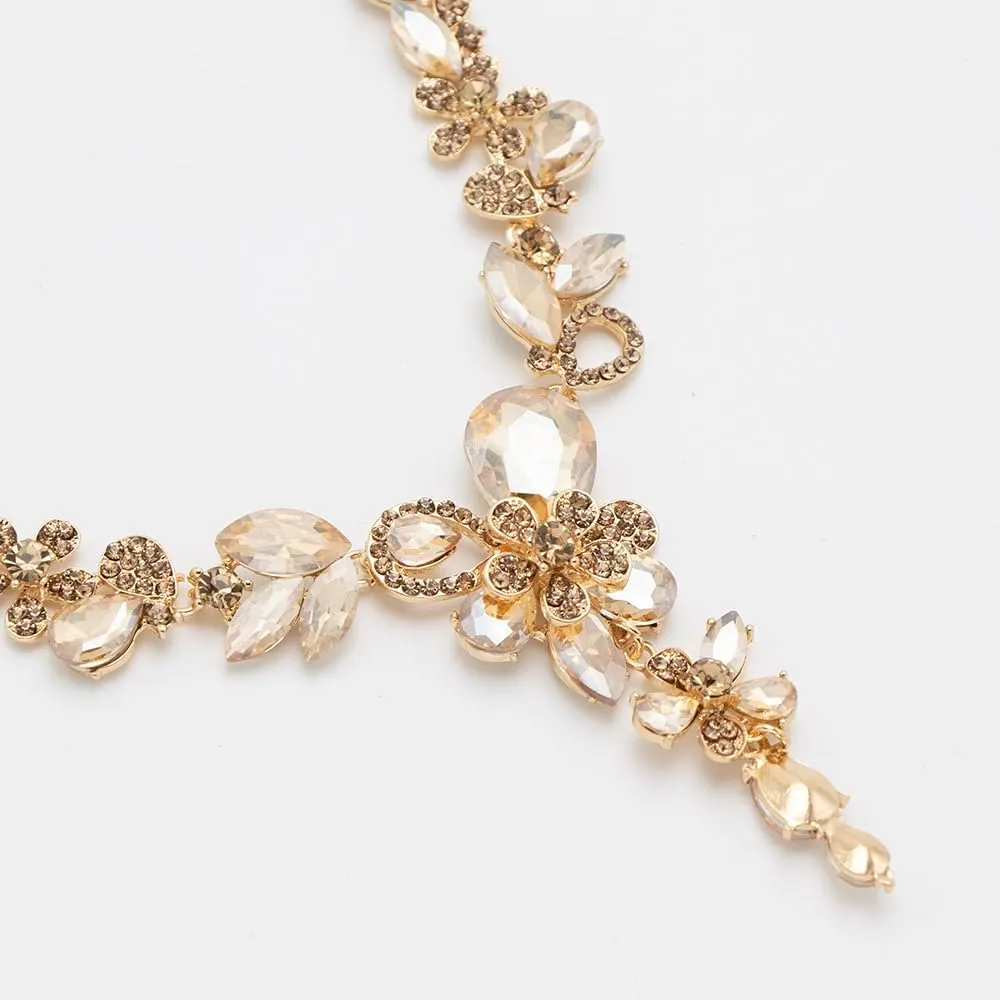 Rhinestone Crystal Bridal Necklace Floarl Art Deco Teardrop Collar Necklace Dangle Earrings Jewelry Set for Women