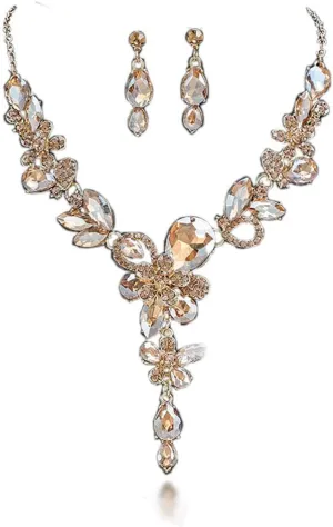 Rhinestone Crystal Bridal Necklace Floarl Art Deco Teardrop Collar Necklace Dangle Earrings Jewelry Set for Women