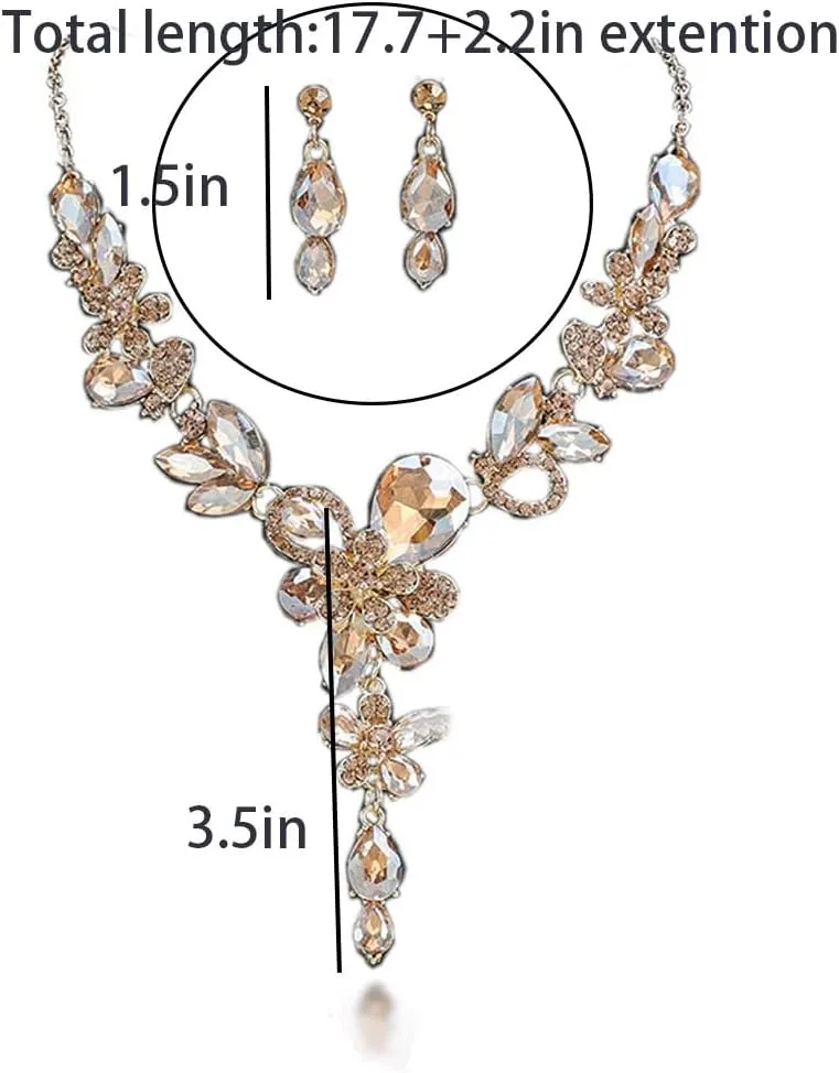 Rhinestone Crystal Bridal Necklace Floarl Art Deco Teardrop Collar Necklace Dangle Earrings Jewelry Set for Women