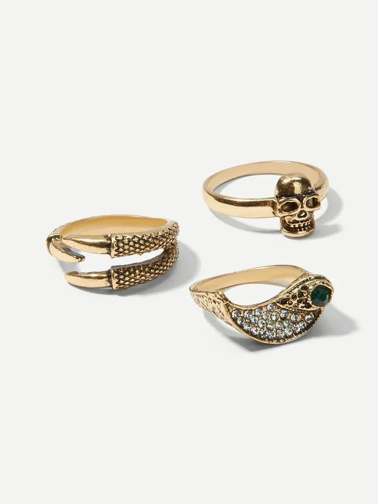 Rhinestone Detail Layered Rings Set 3pcs