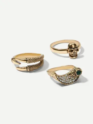Rhinestone Detail Layered Rings Set 3pcs