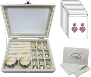 Rings Display Jewelry Box for Girls Women, Velvet Ring Holder Display Organizer with Clear Glass Lid and Lock,Rings Organizer Trays with Polishing Cloth Anti Tarnish Tiny Ziplock Bags 20pcs Gray Beige