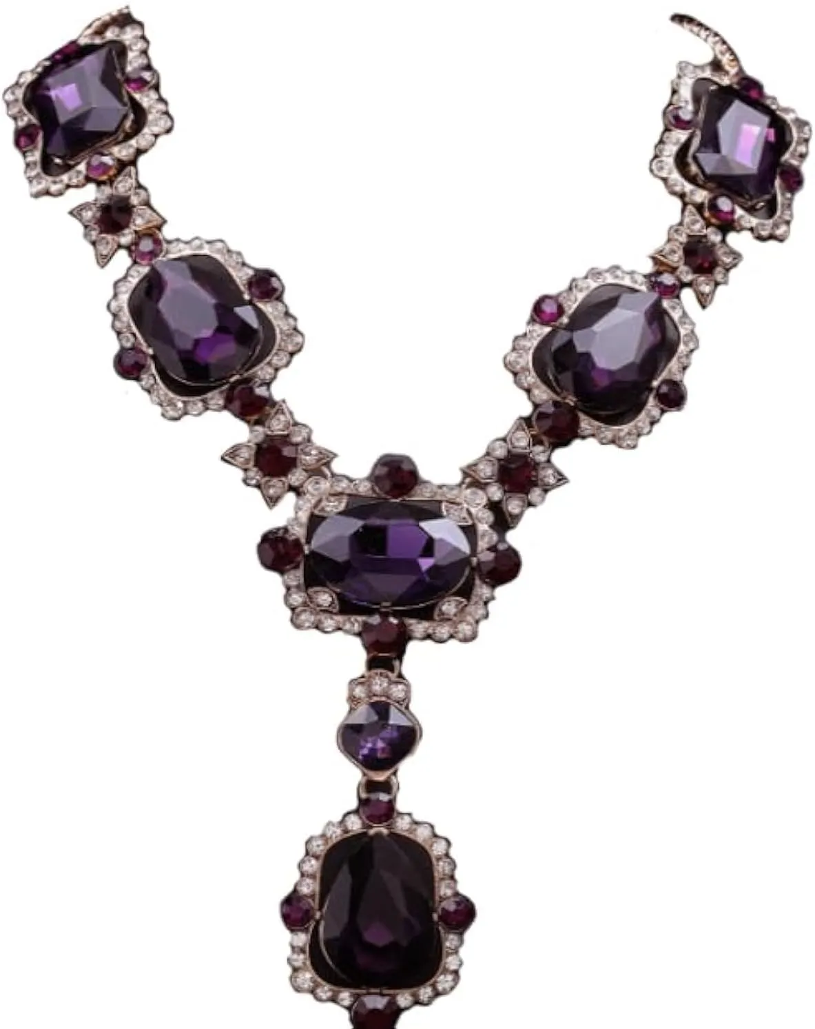 Secret for Longevity Extra Large Victorian Art Deco Antique Retro Vintage Style Gold Tone Dark Eggplant Royal Purple Rhinestone Chunky Statement Wedding Bridal Prom Drag Queen Pageant Necklace
