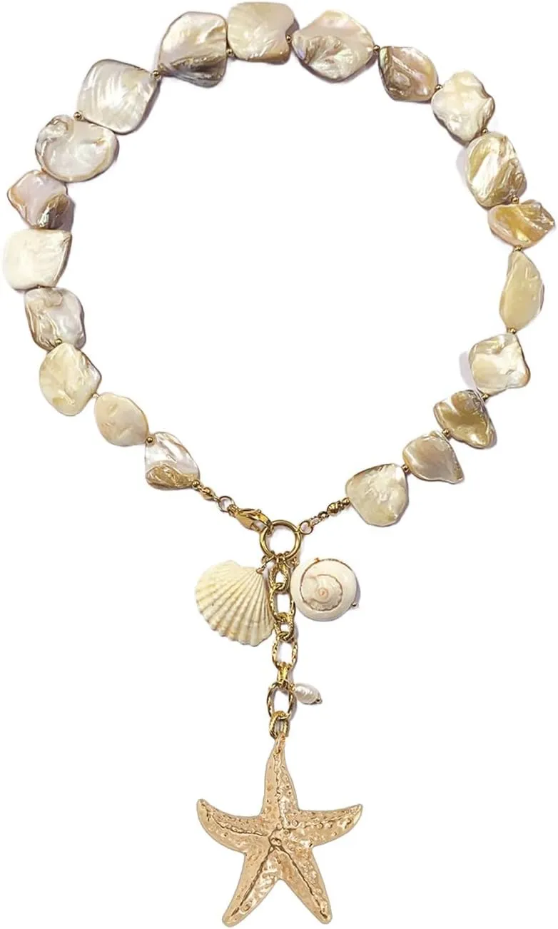 Shell Starfish Necklace, Oversized Shells and Clam Necklace, Boho Bridal Jewelry, Summer Beach Wedding Jewelry, Conch Chunky Necklace