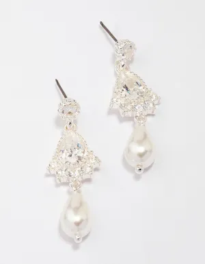 Silver Cubic Zirconia Antique Pearl Drop Earrings