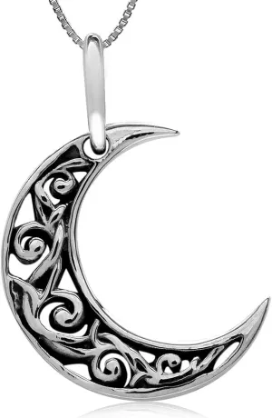 Silvershake 925 Sterling Silver Waning Crescent Moon Filigree Pendant with 1mm 18 Inch Venetian Box Chain Necklace