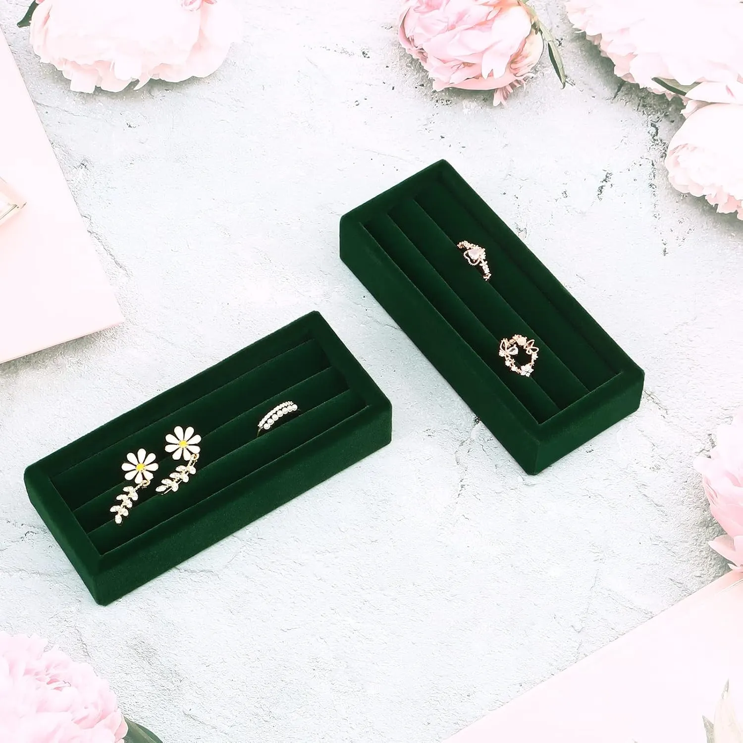 Small Jewelry Tray-Ring Organizer 2PCS Premium Velvet Rings Earrings Display Tray Storage Insert Holder for Jewelry Box, Drawer, Dresser (3 Slots, Green)