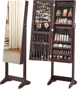 SONGMICS Jewelry Cabinet Armoire, Freestanding Lockable Storage Organizer Unit with 2 Plastic Cosmetic Storage, Full-Length Frameless Mirror, for Necklace Earring, Brown UJJC002K01