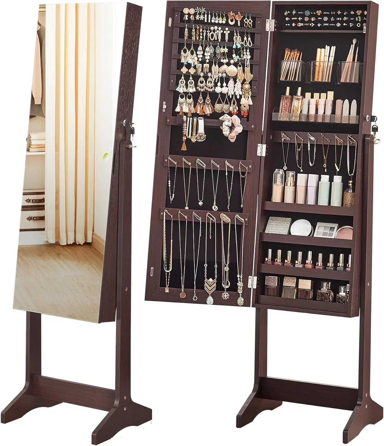 SONGMICS Jewelry Cabinet Armoire, Freestanding Lockable Storage Organizer Unit with 2 Plastic Cosmetic Storage, Full-Length Frameless Mirror, for Necklace Earring, Brown UJJC002K01