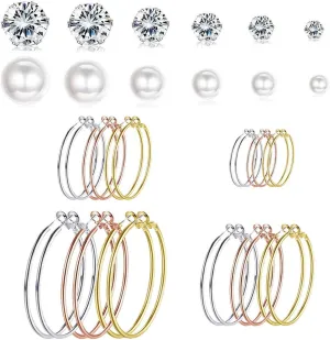 Spiritlele 24 Pack Large Golden Silver Rosegold Hoop Earrings Multipack Lightweight Pearl CZ Stud EarringsSet Assorted Earrings for Women 6-9cm Hoops