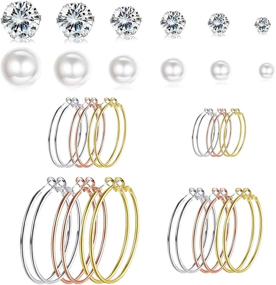 Spiritlele 24 Pack Large Golden Silver Rosegold Hoop Earrings Multipack Lightweight Pearl CZ Stud EarringsSet Assorted Earrings for Women 6-9cm Hoops