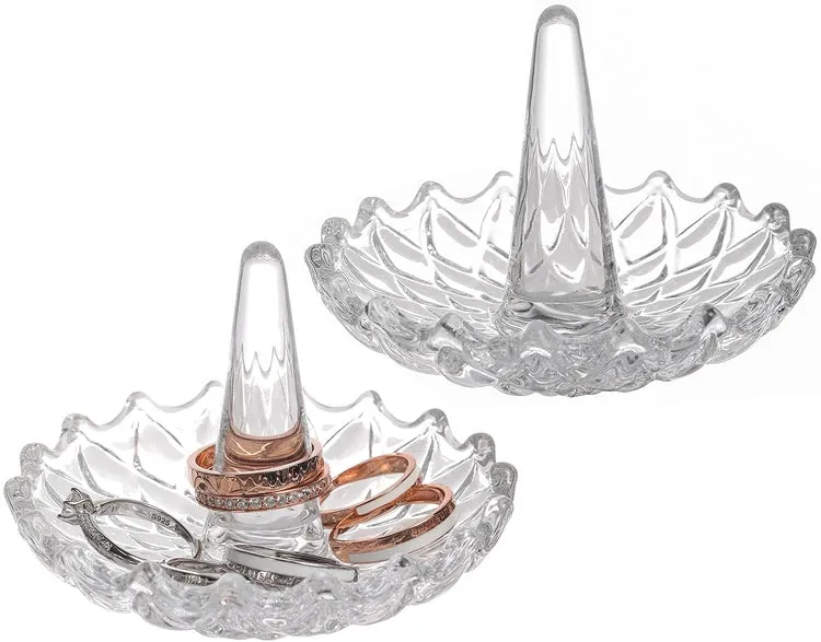 Starburst Style Clear Glass Round Ring Holder Dish, Set of 2