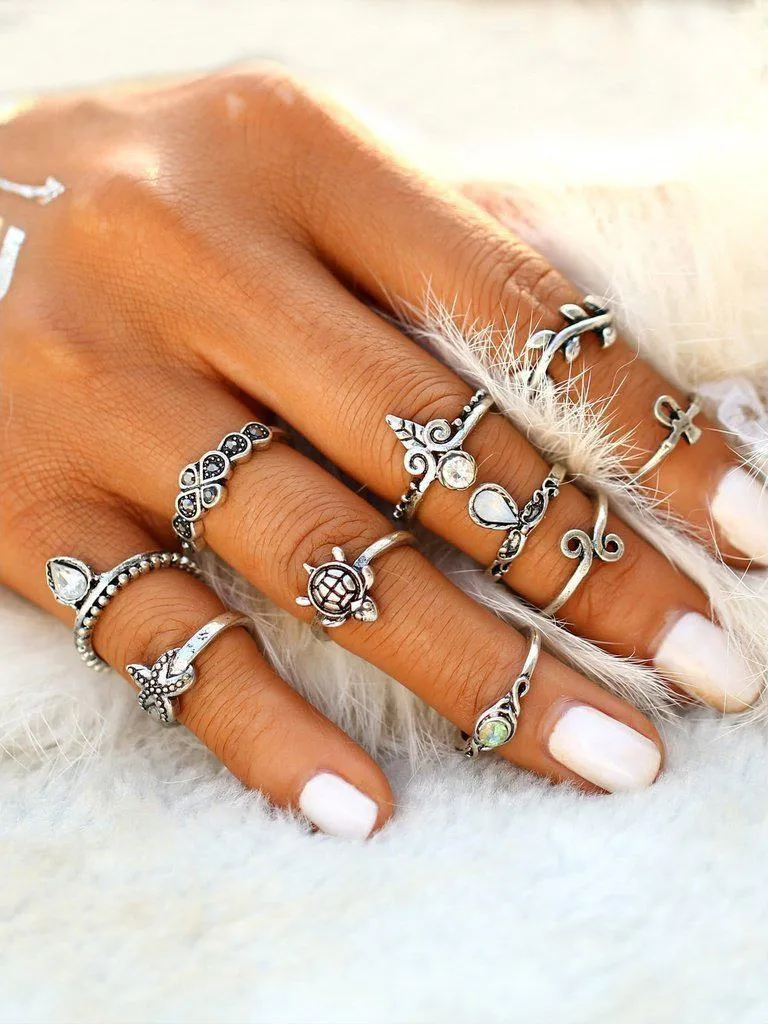 Starfish And Tortoise Design Ring Set 10pcs