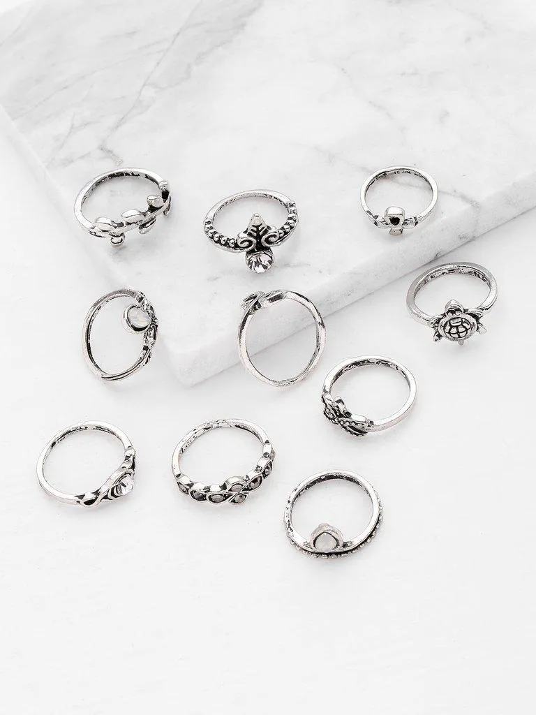 Starfish And Tortoise Design Ring Set 10pcs