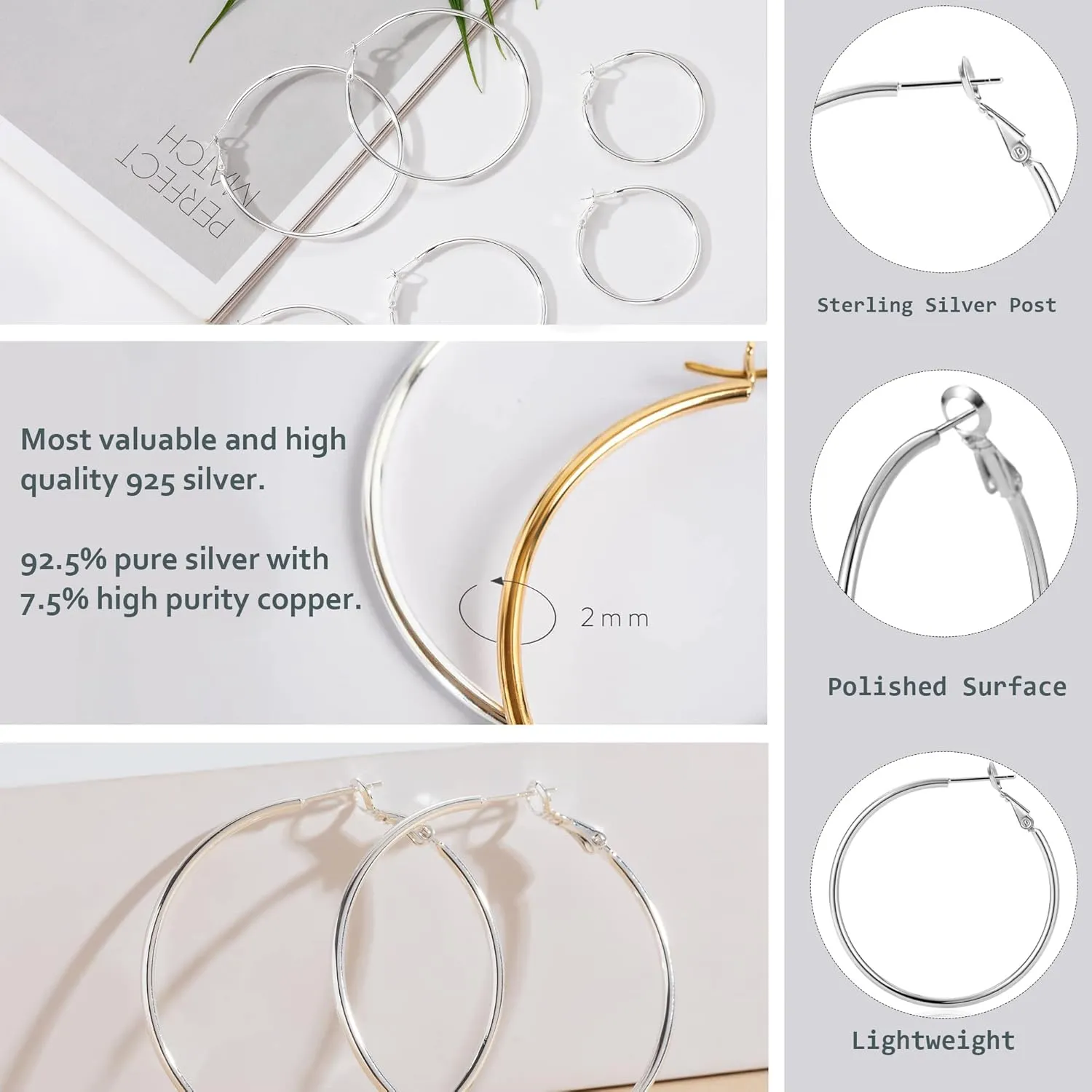 Sterling Silver Hoop Earrings Large Gold/Silver Hoop Earrings for Women Rounded Thin Hoop Earrings Big Hoop Earrings Set for Women Jewelry Gifts