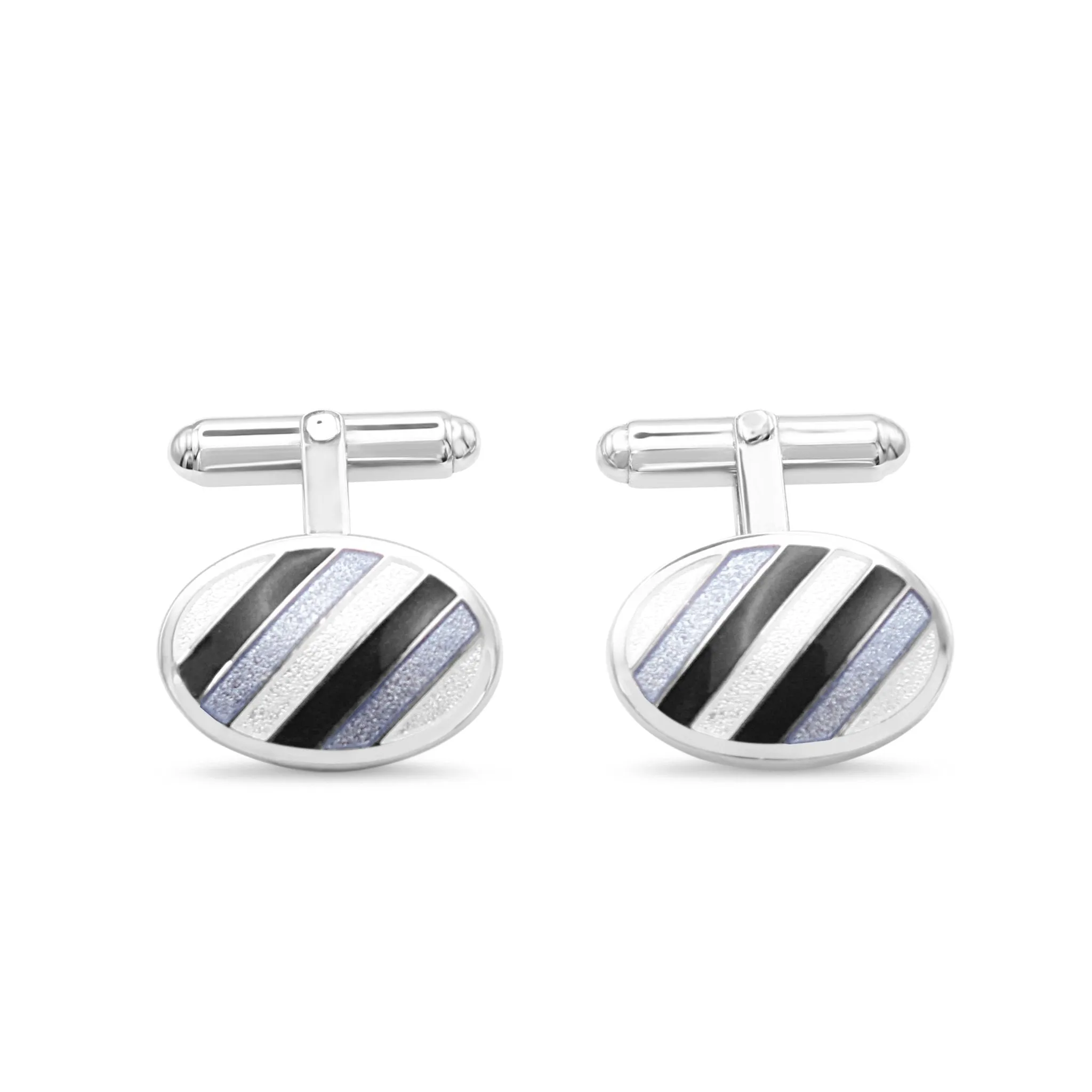 T-bar Grey Striped Oval Cufflinks - Sterling Silver