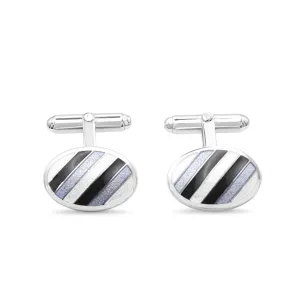 T-bar Grey Striped Oval Cufflinks - Sterling Silver