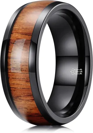 THREE KEYS JEWELRY 4,6,8mm Basic Black/Sliver Titanium Wood Wedding Band Engagement Ring for Men Women Dome Polished Comfort Fit size 4-14