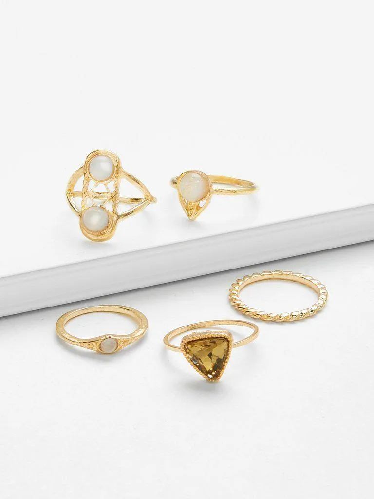 Triangle & Round Design Ring Set 5Pcs
