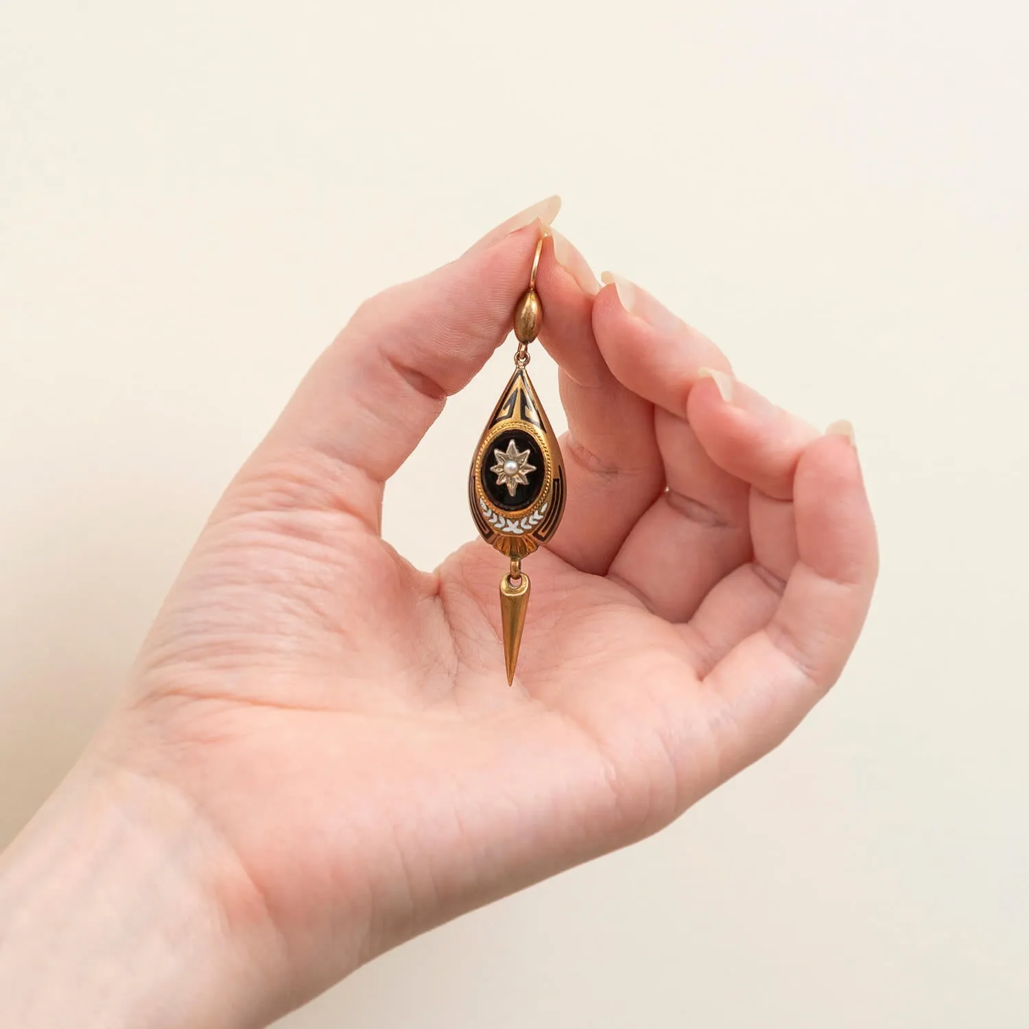 Victorian 9kt, Onyx   Pearl Dangle Earrings