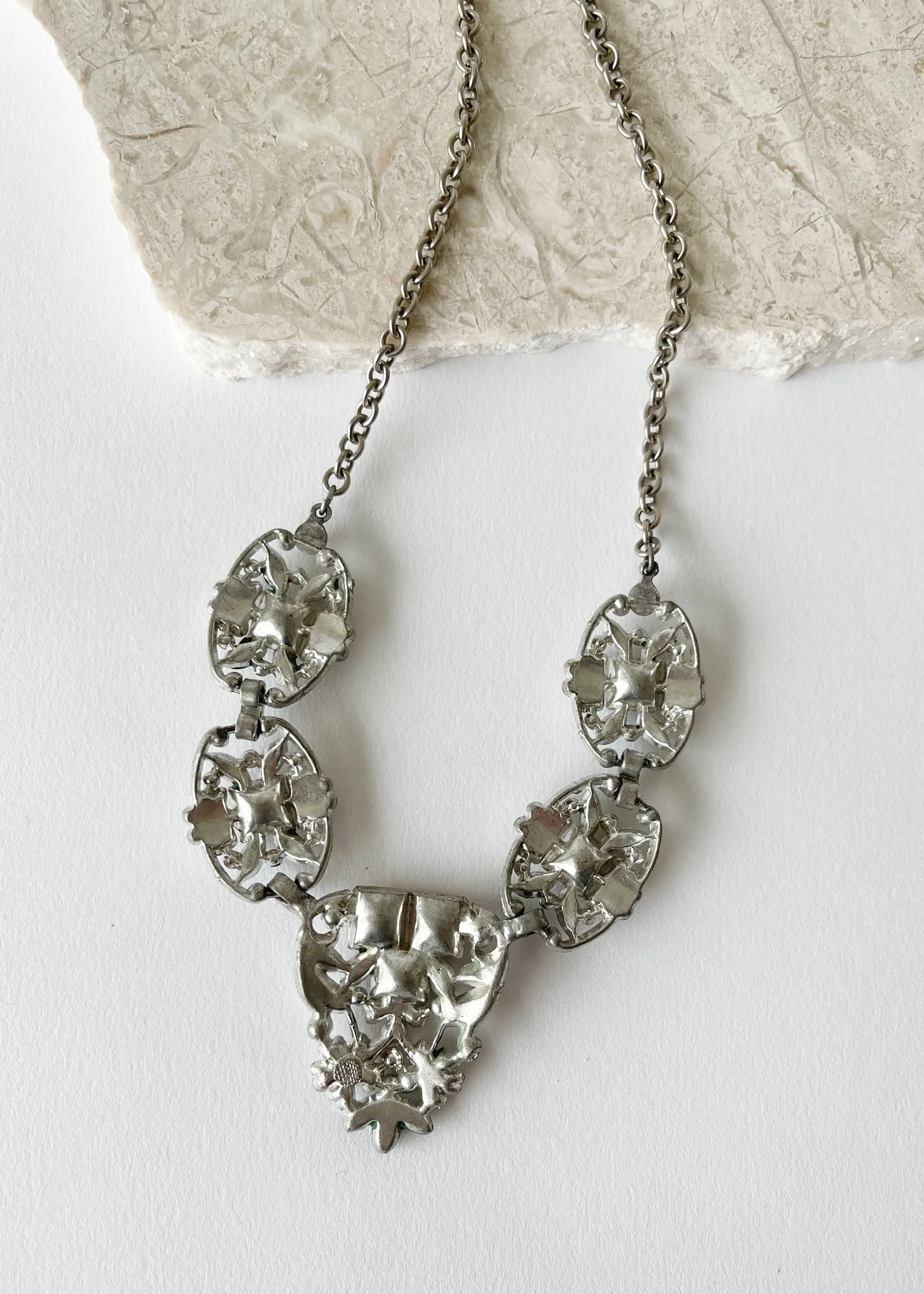 Vintage 1930s Gold and Green Rhinestone Glamour Necklace
