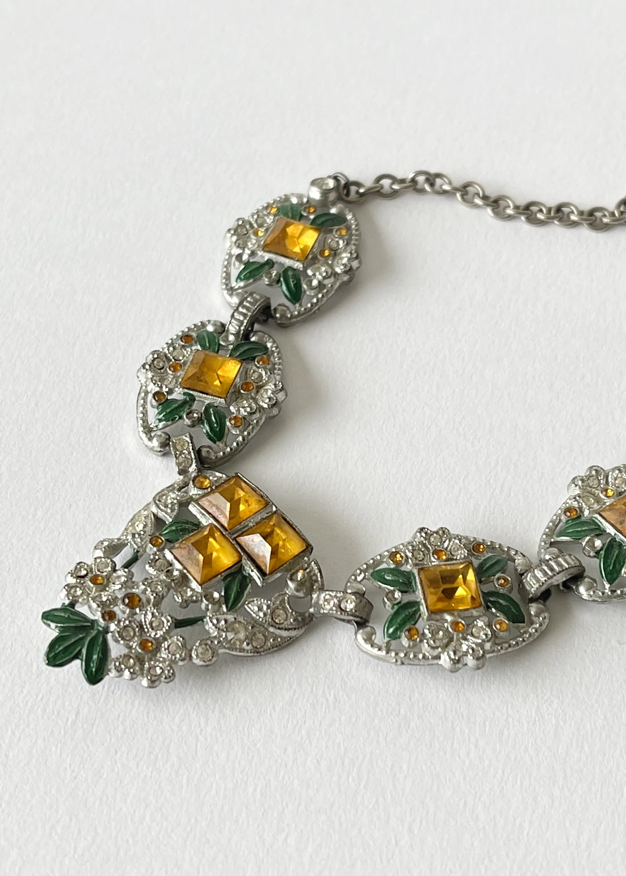 Vintage 1930s Gold and Green Rhinestone Glamour Necklace