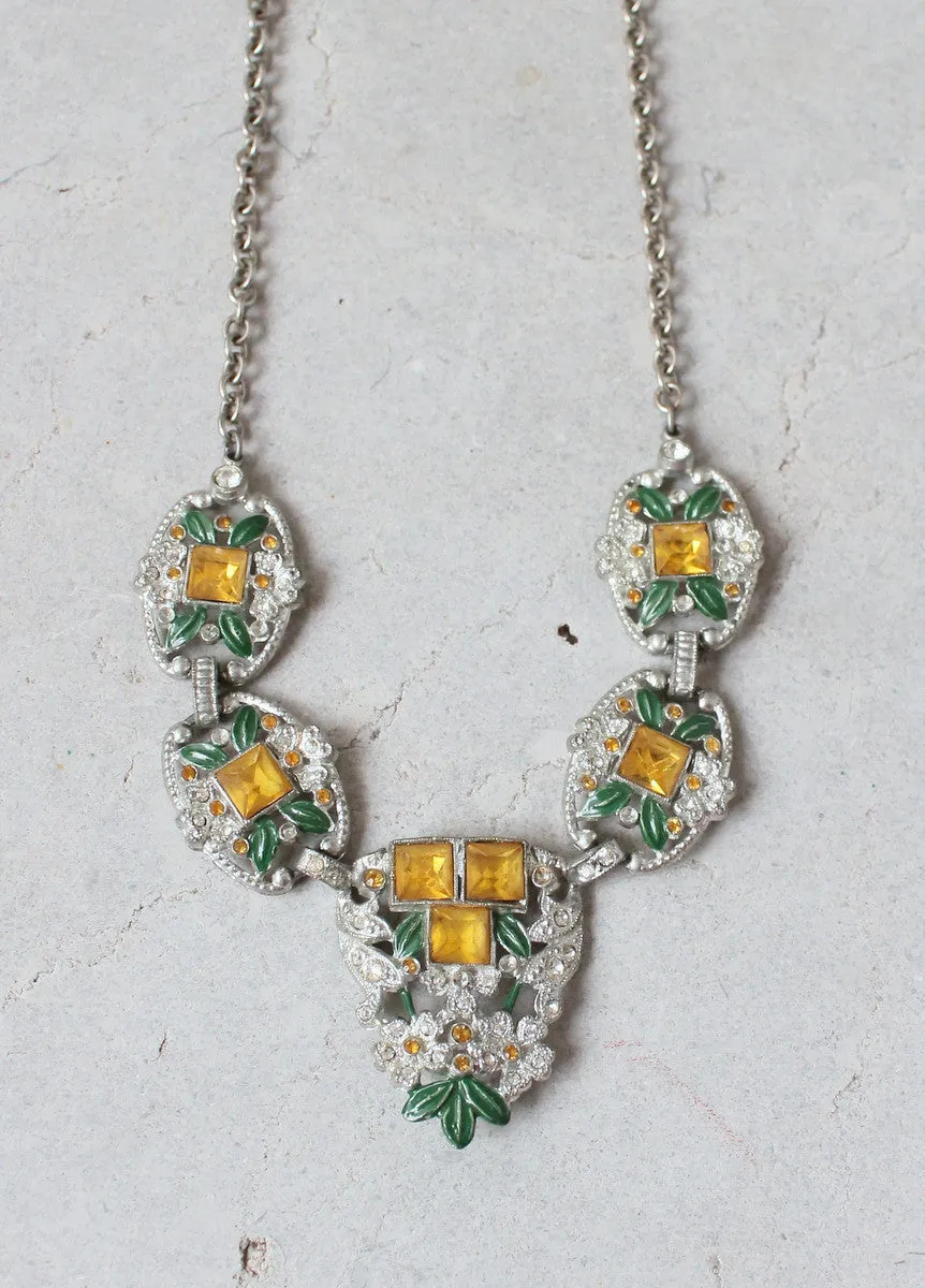 Vintage 1930s Gold and Green Rhinestone Glamour Necklace