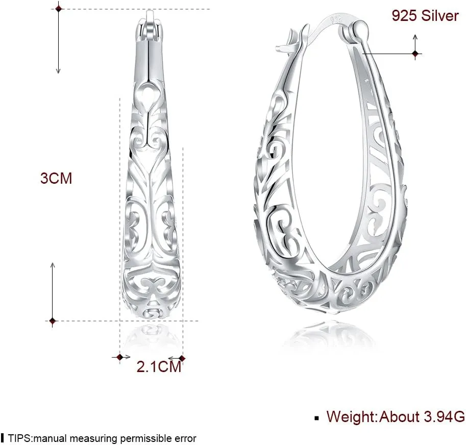 Vintage Filigree 925 Sterling Silver Oval Chandelier Small Hoop Earrings for Women Fashion Boho Hollow-out Texture Flower Dainty Teardrop Huggie Hoops Dangle Hypoallergenic Click Top Trendy Jewelry Christmas Gifts Birthday