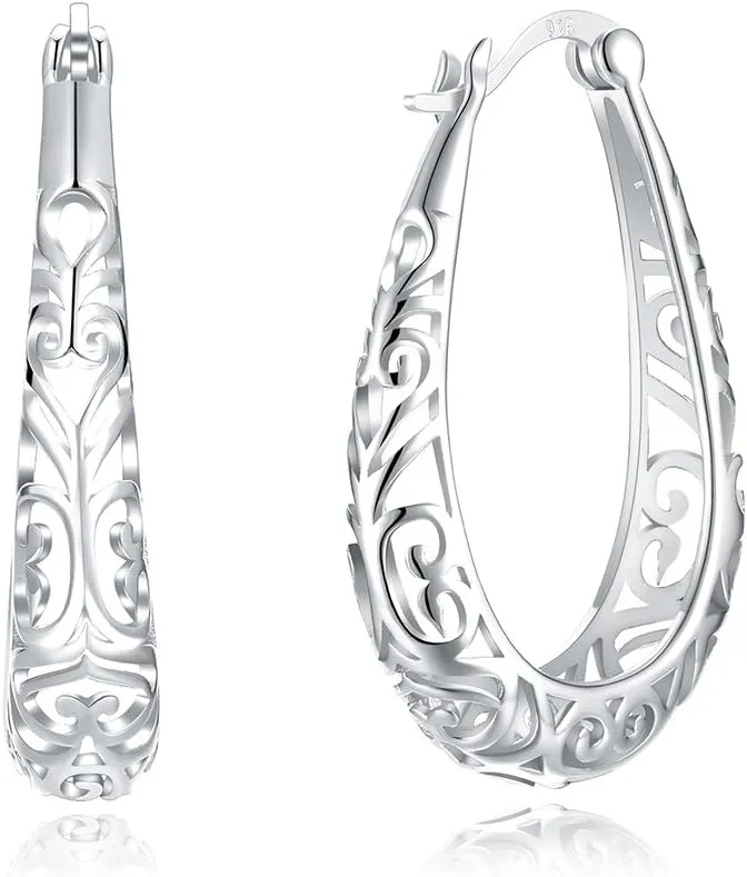 Vintage Filigree 925 Sterling Silver Oval Chandelier Small Hoop Earrings for Women Fashion Boho Hollow-out Texture Flower Dainty Teardrop Huggie Hoops Dangle Hypoallergenic Click Top Trendy Jewelry Christmas Gifts Birthday