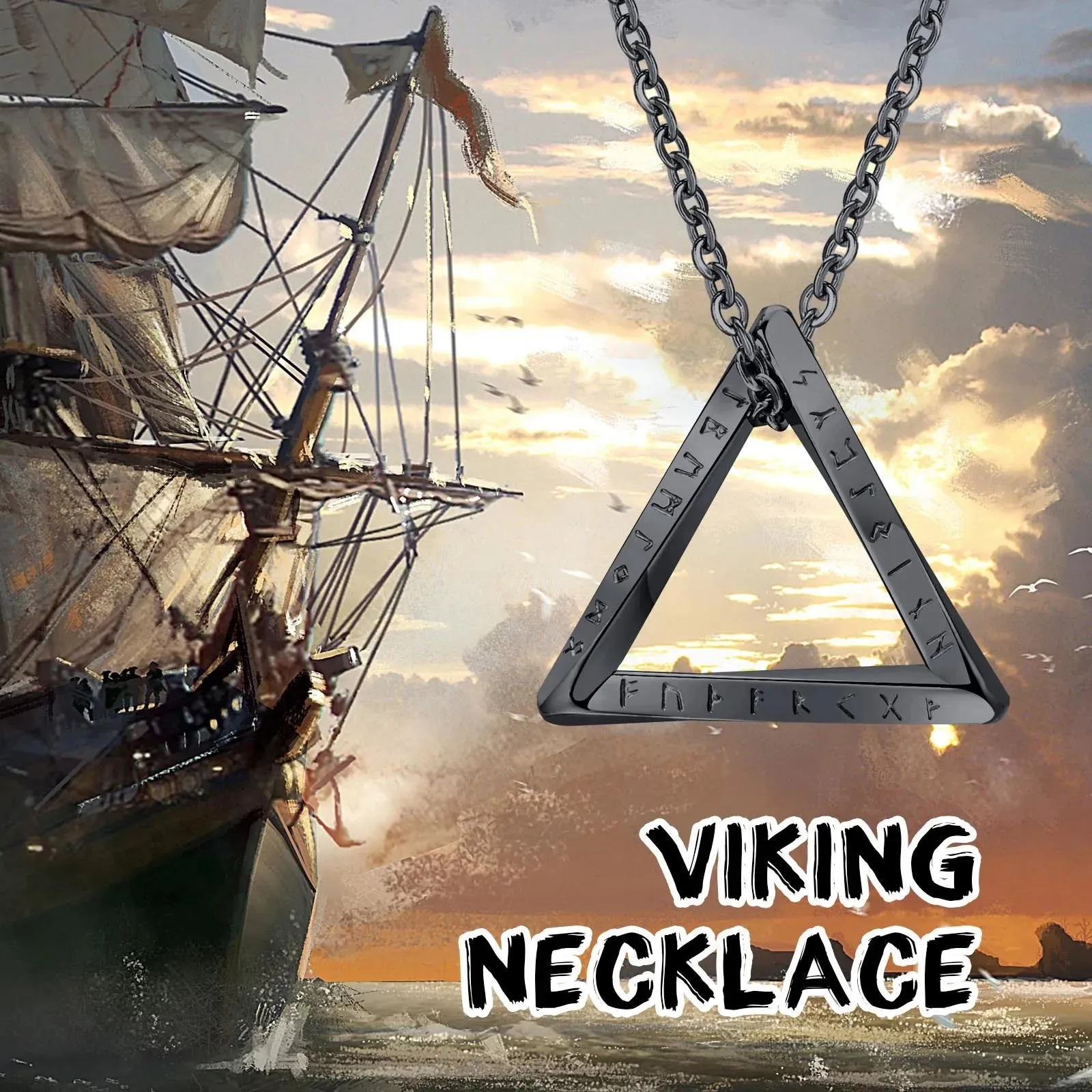 Vnox Norse Viking Pendant Necklaces, Men Twisted Stainless Steel Mobius Triangle Charm, Vegvisir Nordic Valknut Geometric Collar