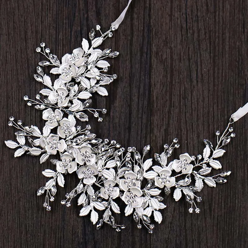 White Beaded Rhinestone Leaf Cluster Headband Hairband Wedding Hair Vine