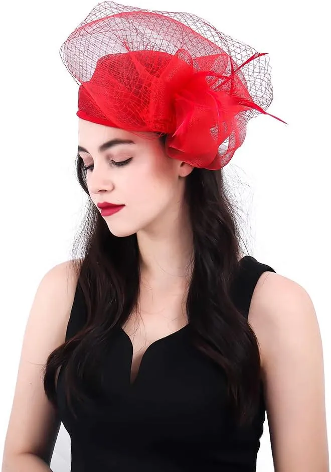 Women Fascinators Derby Church Tea Party Wedding Flower Feathers Headpiece with Headband Clips