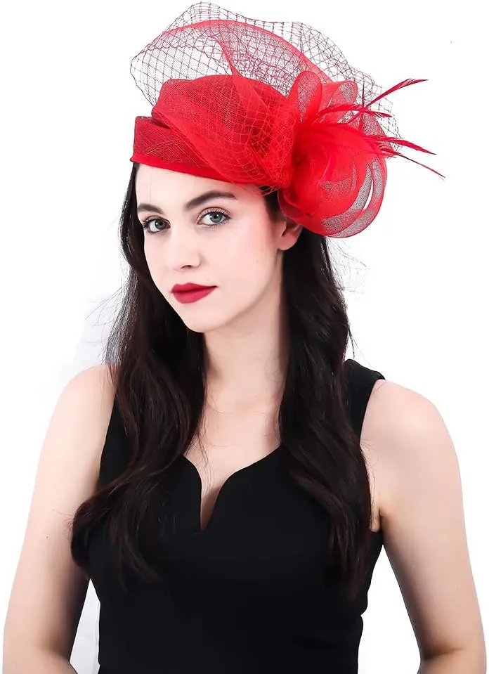 Women Fascinators Derby Church Tea Party Wedding Flower Feathers Headpiece with Headband Clips