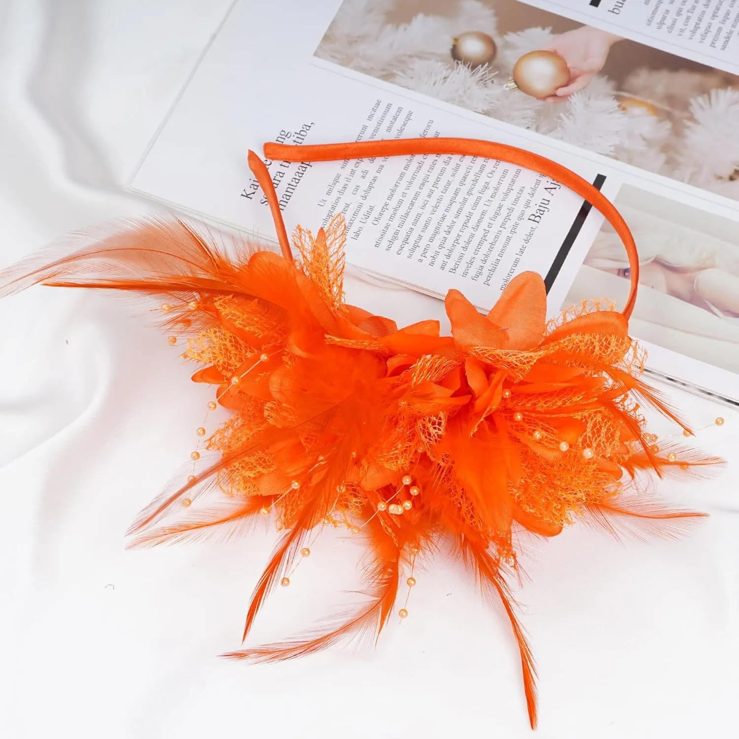 Womens Fascinators Hats Tea Party Hats for Women, Feather Pearl Veil Headband for Wedding Cocktail Dresses Accessories