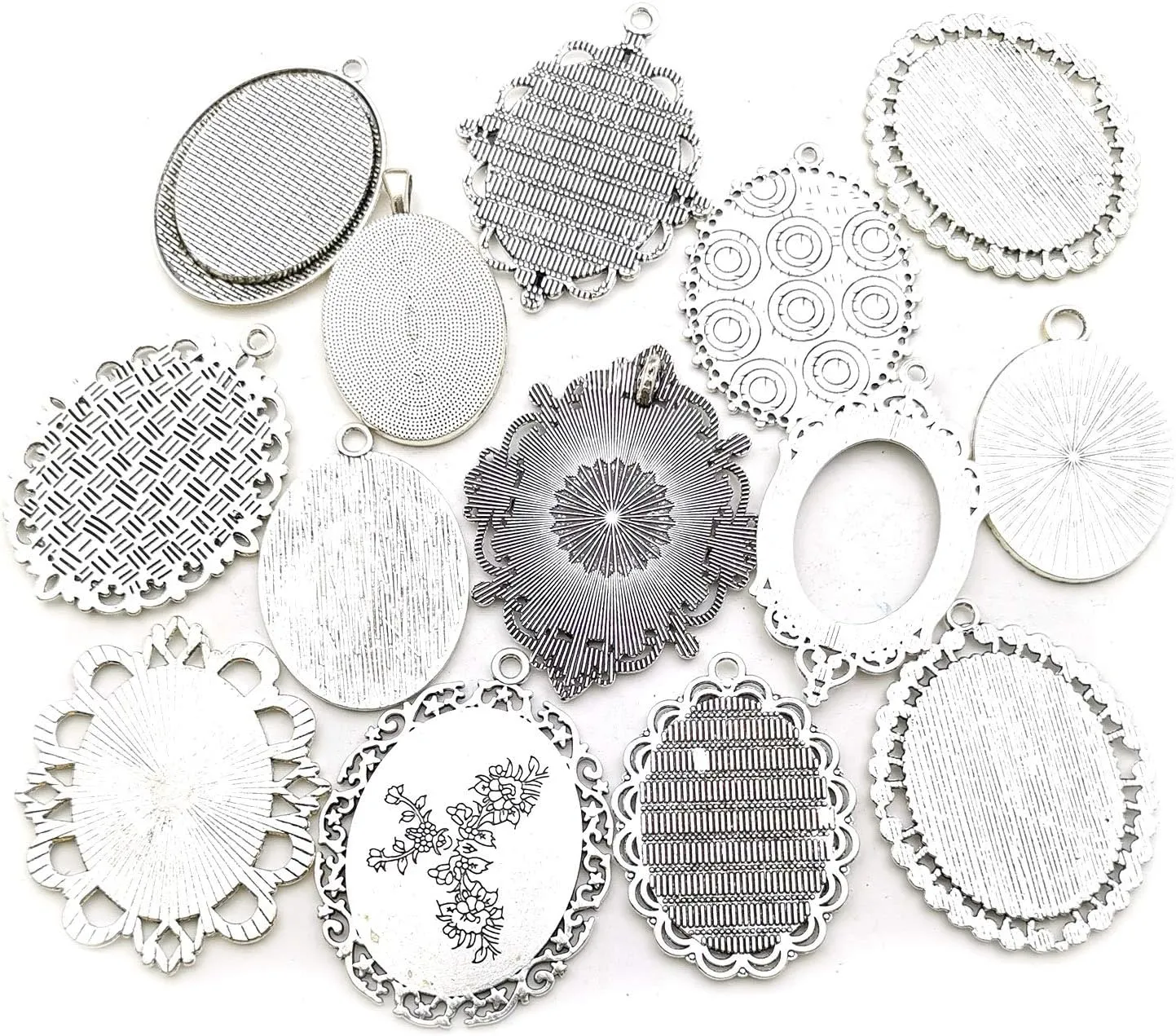 Youdiyla 10 Pendant Trays, 30x40mm, Blank Oval Cabochons Base Setting Bezel Frame Metal Cameo for Photo Pendant Jewelry Making (Antique Silver-HM278)