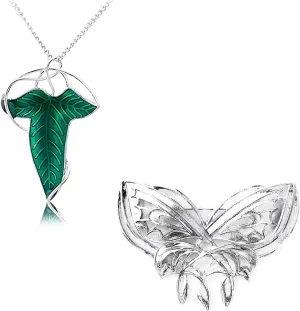 YouU Arwen Evening Star Butterfly Brooch Costume Pin Butterfly Green Leaf Elven Pendant Chain Necklace 2 Pcs