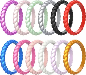 Zollen 12 Packs Silicone Wedding Rings for Women, Thin Braided Rubber Wedding Bands Stackable Ring, Hypoallergenic Silicone