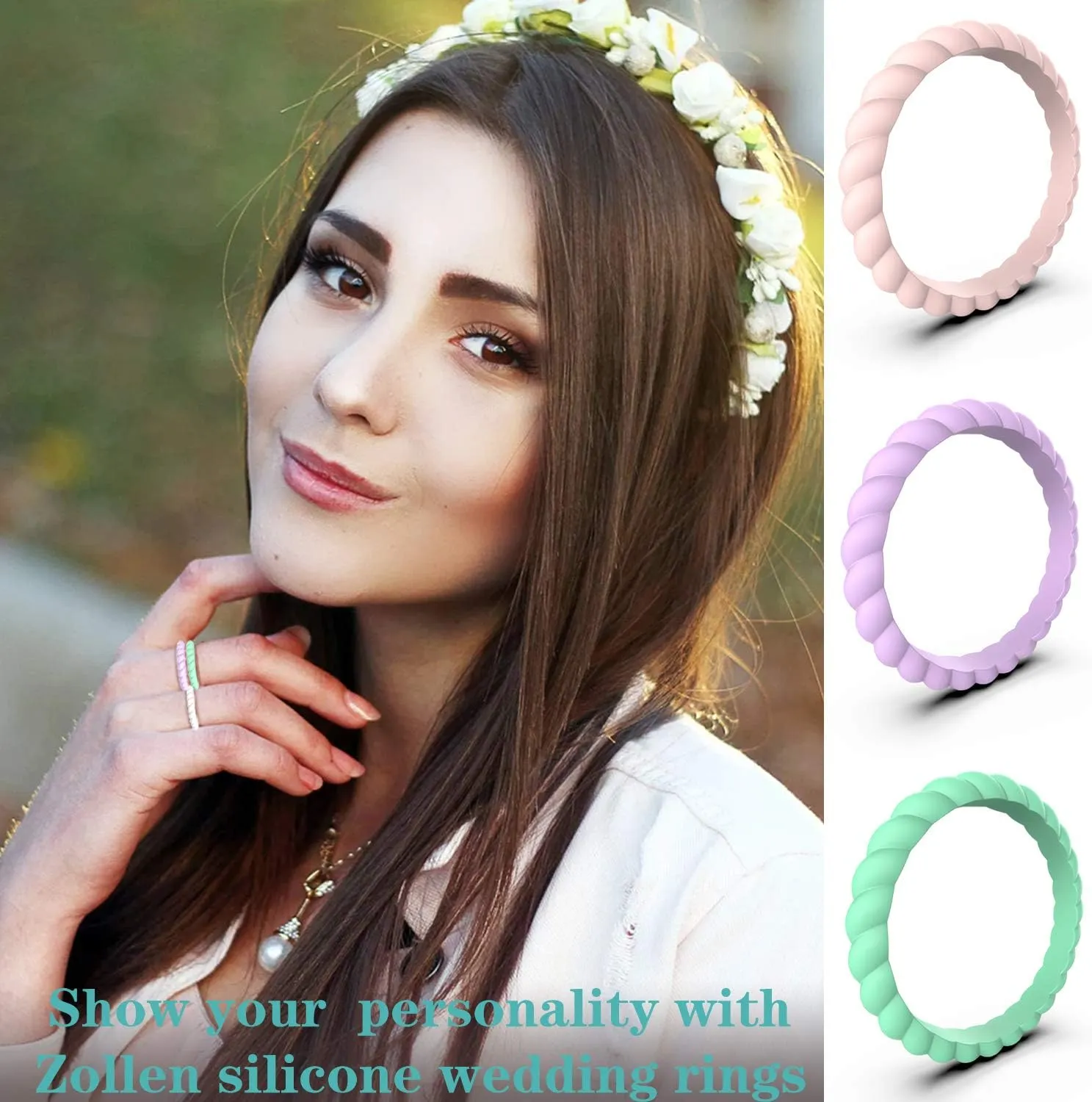 Zollen 12 Packs Silicone Wedding Rings for Women, Thin Braided Rubber Wedding Bands Stackable Ring, Hypoallergenic Silicone