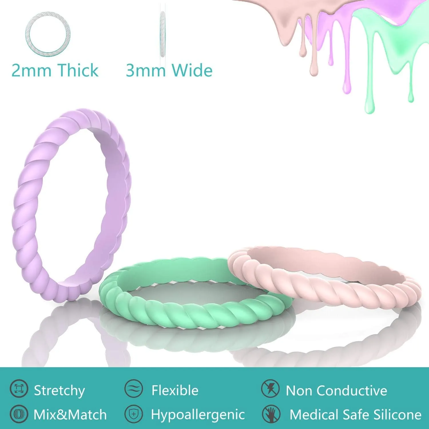 Zollen 12 Packs Silicone Wedding Rings for Women, Thin Braided Rubber Wedding Bands Stackable Ring, Hypoallergenic Silicone